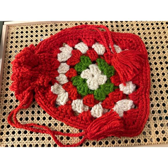 Vintage Hobo Boho Purse Bag Crocheted Drawstring Christmas Bag Handmade 1970s - Picture 5 of 7